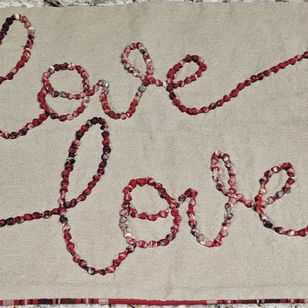 Pottery Barn Love Script Reversible Plaid Pillow Cover, Red Khaki Rustic NWT